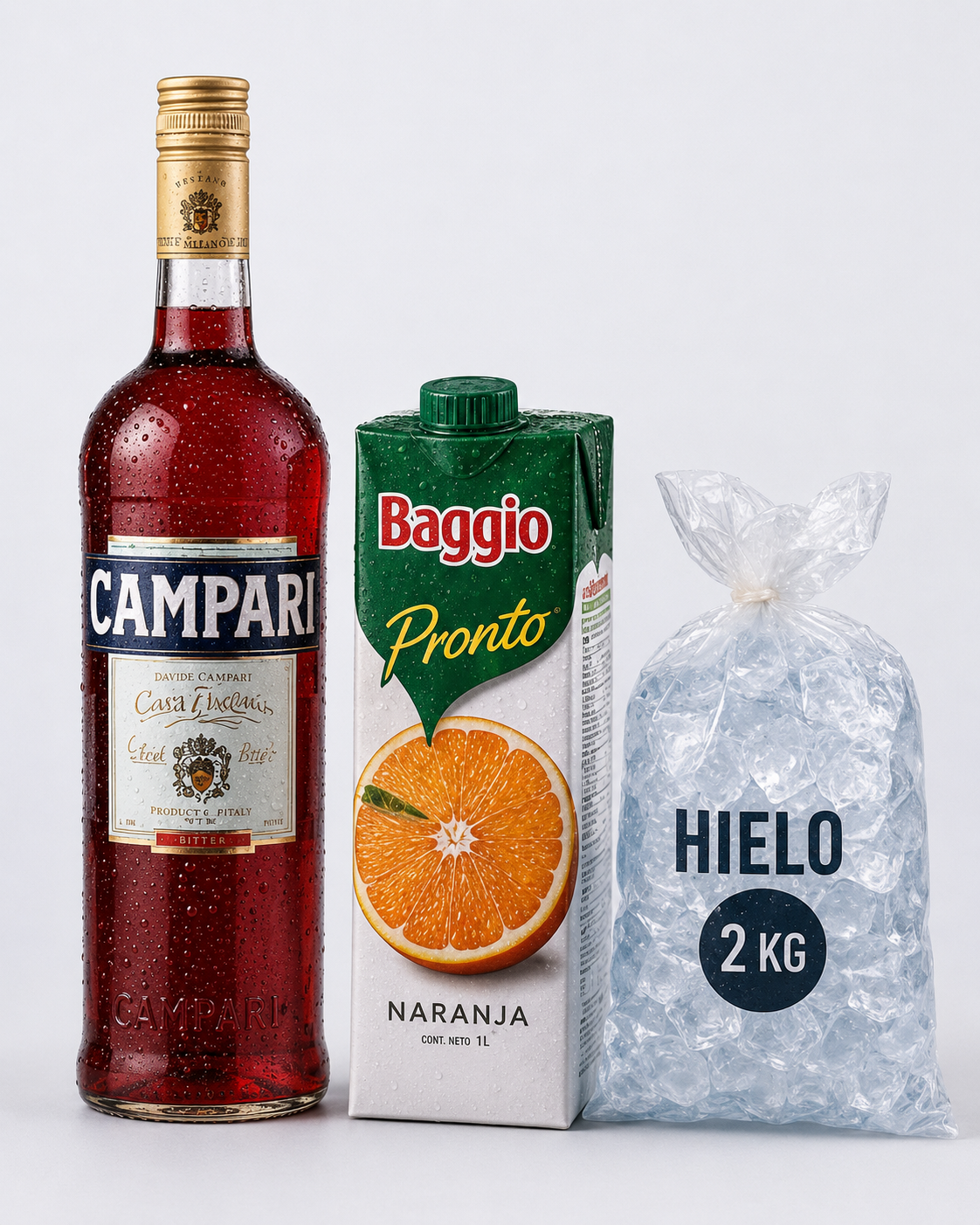 Combo Campari: Campari 750 ml, Baggio naranja 1 L y hielo