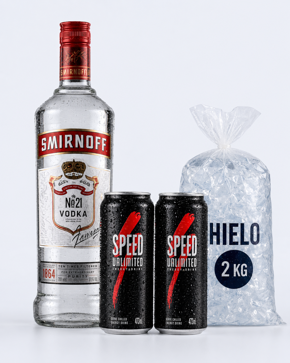 Combo Vodka: Smirnoff 700 ml, dos Speed 473 ml y hielo